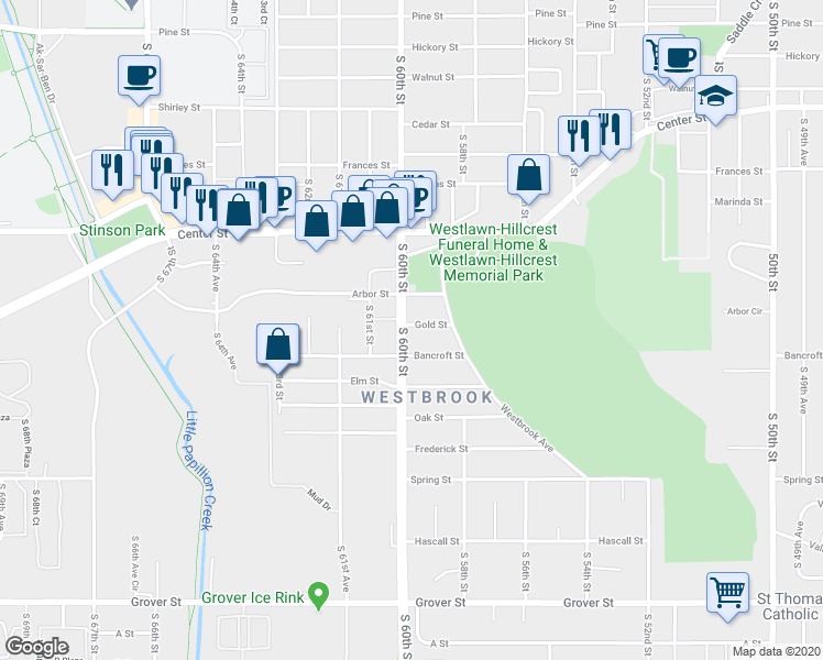 map of restaurants, bars, coffee shops, grocery stores, and more near 2601 South 60th Street in Omaha