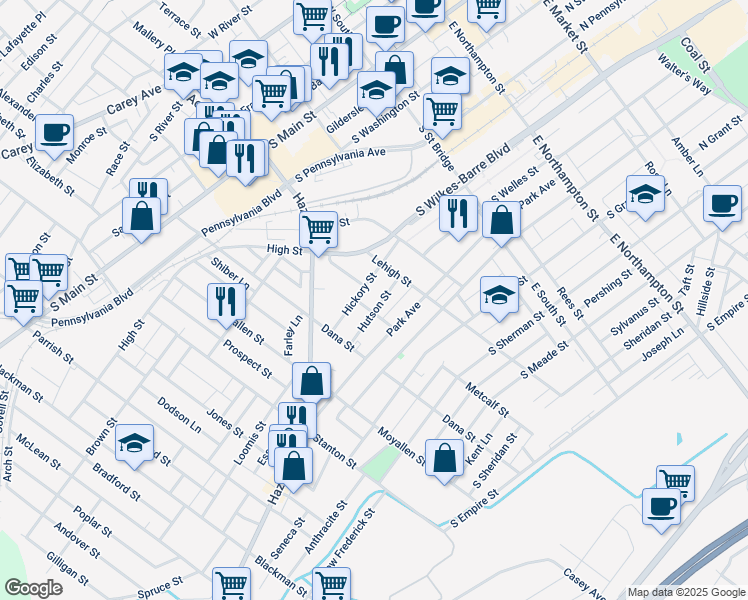 map of restaurants, bars, coffee shops, grocery stores, and more near 58 Metcalf Street in Wilkes-Barre