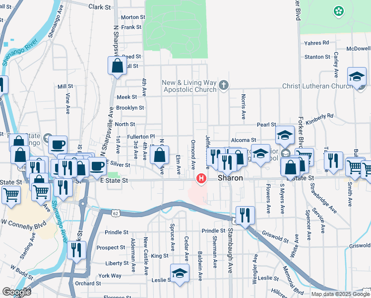 map of restaurants, bars, coffee shops, grocery stores, and more near 145 Rex Place in Sharon