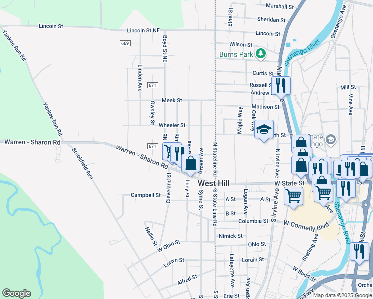 map of restaurants, bars, coffee shops, grocery stores, and more near 669 Gaylord Avenue in Masury
