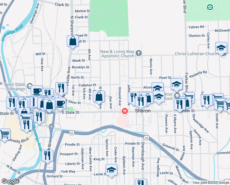 map of restaurants, bars, coffee shops, grocery stores, and more near 145 Rex Place in Sharon