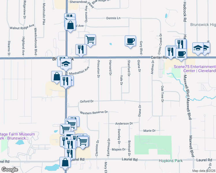 map of restaurants, bars, coffee shops, grocery stores, and more near 1482 Harvard Drive in Brunswick