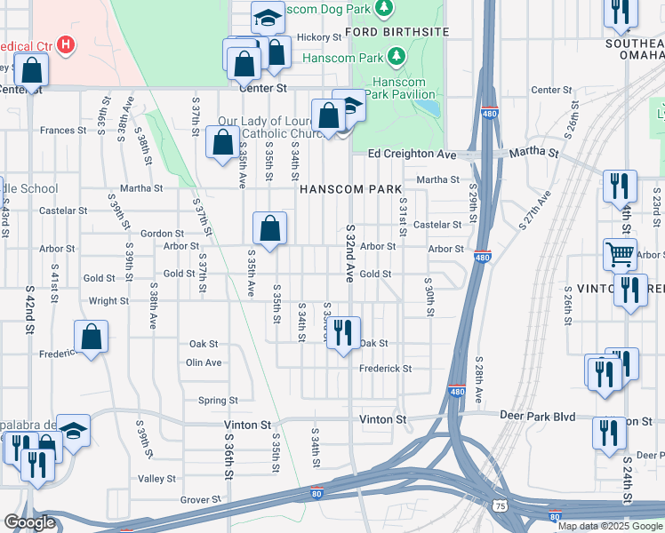 map of restaurants, bars, coffee shops, grocery stores, and more near 2519 South 33rd Street in Omaha
