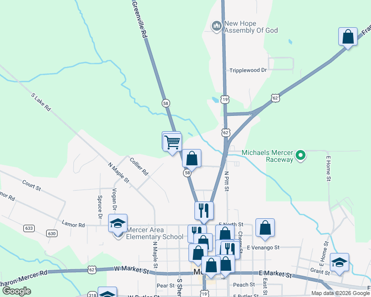 map of restaurants, bars, coffee shops, grocery stores, and more near 542 Greenville Road in Mercer