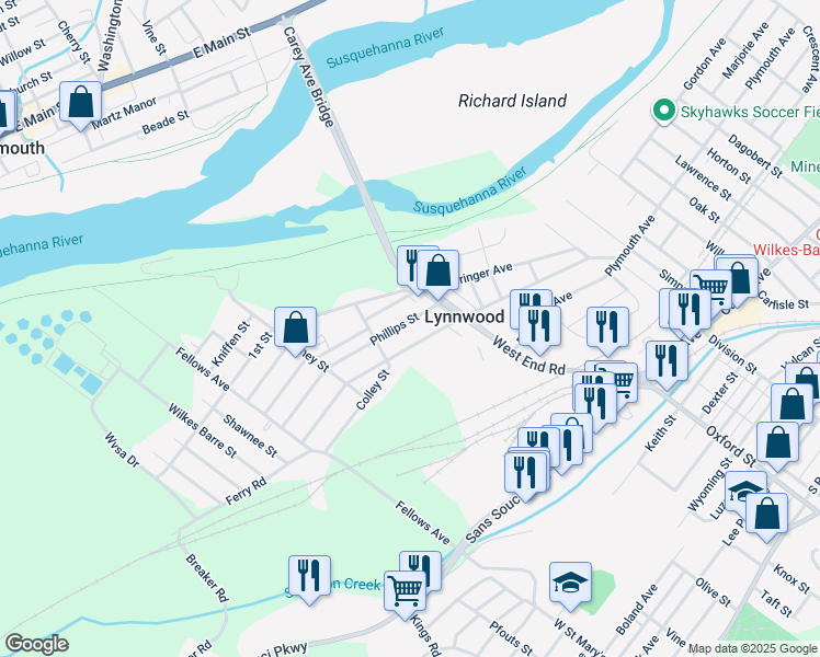 map of restaurants, bars, coffee shops, grocery stores, and more near 208 Phillips Street in Wilkes-Barre