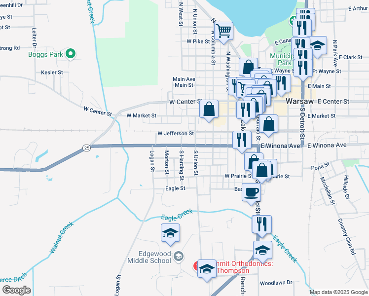 map of restaurants, bars, coffee shops, grocery stores, and more near 519 West Winona Avenue in Warsaw