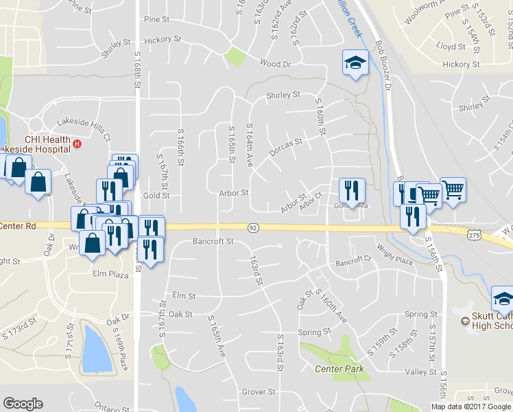map of restaurants, bars, coffee shops, grocery stores, and more near 16322 Arbor Street in Omaha