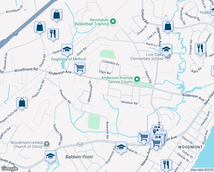 map of restaurants, bars, coffee shops, grocery stores, and more near 4 Kenwood Road in Milford