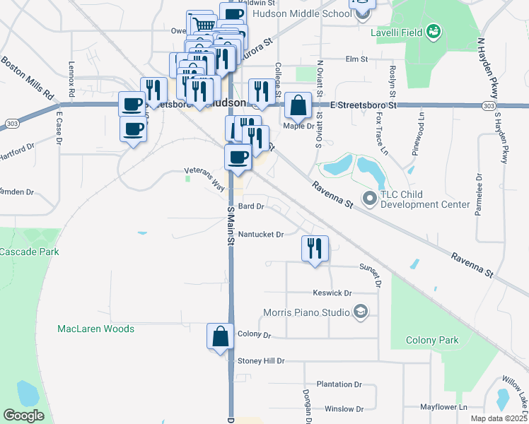 map of restaurants, bars, coffee shops, grocery stores, and more near 36 Bard Drive in Hudson