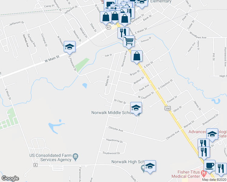 map of restaurants, bars, coffee shops, grocery stores, and more near 56 Norwood Avenue in Norwalk