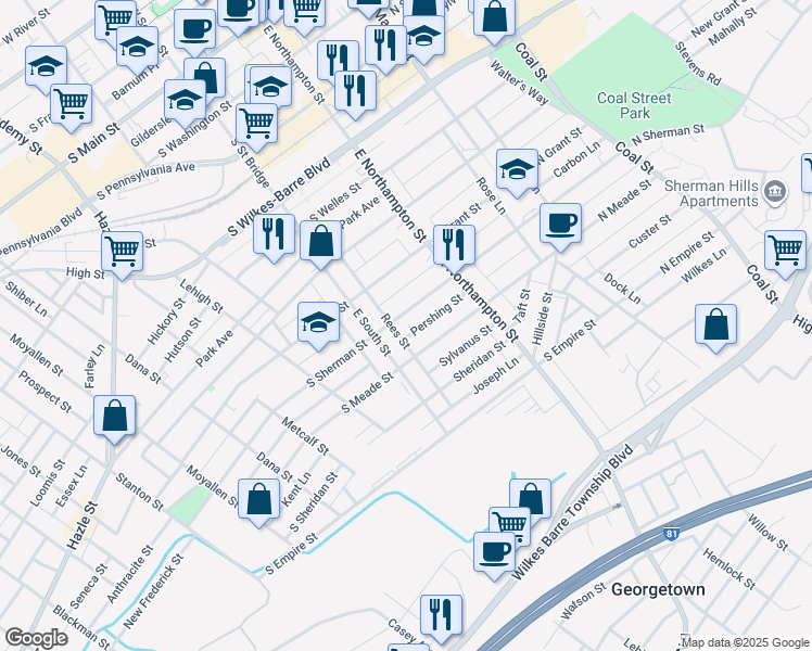 map of restaurants, bars, coffee shops, grocery stores, and more near 363 East Northampton Street in Wilkes-Barre