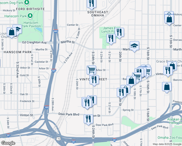 map of restaurants, bars, coffee shops, grocery stores, and more near 2510 South 24th Street in Omaha