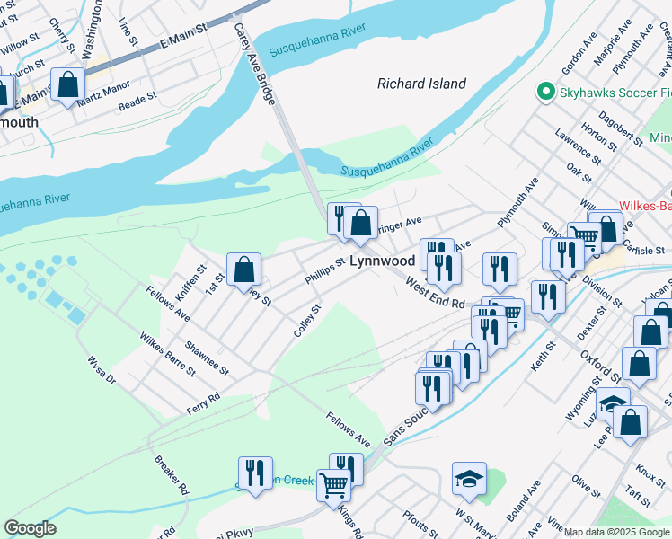 map of restaurants, bars, coffee shops, grocery stores, and more near 208 Phillips Street in Wilkes-Barre
