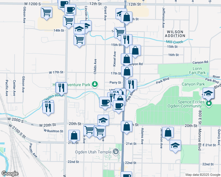 map of restaurants, bars, coffee shops, grocery stores, and more near 326 18th Street in Ogden