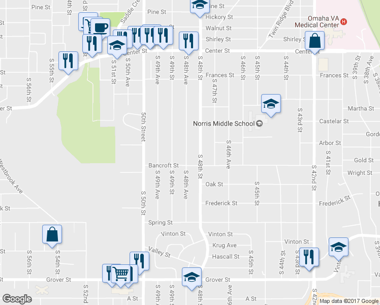 map of restaurants, bars, coffee shops, grocery stores, and more near 2603 South 48th Avenue in Omaha