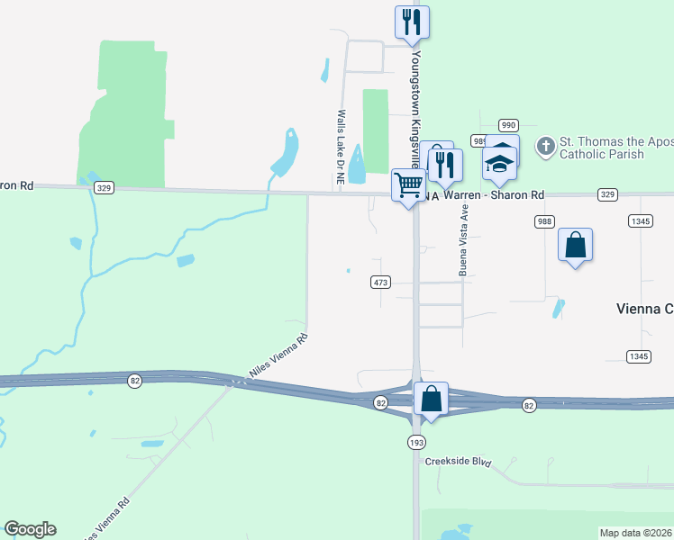 map of restaurants, bars, coffee shops, grocery stores, and more near 361 Niles Vienna Rd in Vienna Center