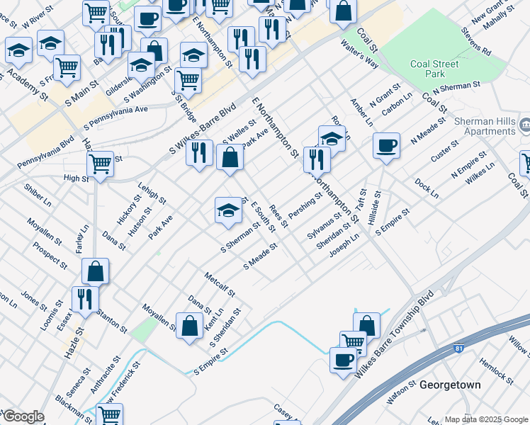 map of restaurants, bars, coffee shops, grocery stores, and more near 342 East South Street in Wilkes-Barre