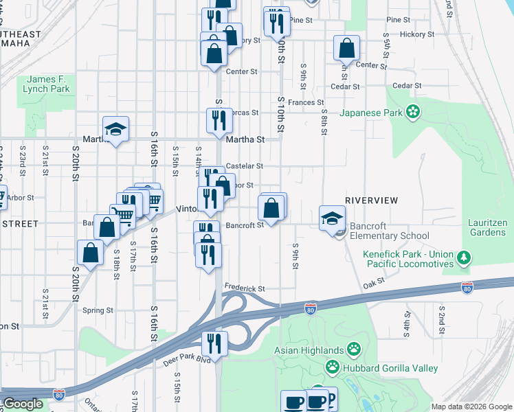 map of restaurants, bars, coffee shops, grocery stores, and more near 2530 South 11th Street in Omaha
