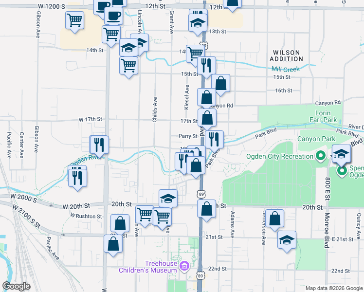 map of restaurants, bars, coffee shops, grocery stores, and more near 332 18th Street in Ogden