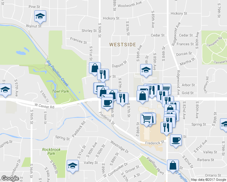 map of restaurants, bars, coffee shops, grocery stores, and more near 2613 South 88th Street in Omaha