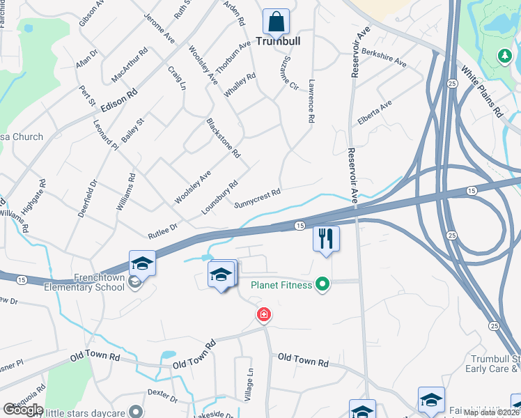 map of restaurants, bars, coffee shops, grocery stores, and more near 30 Sunnycrest Road in Trumbull