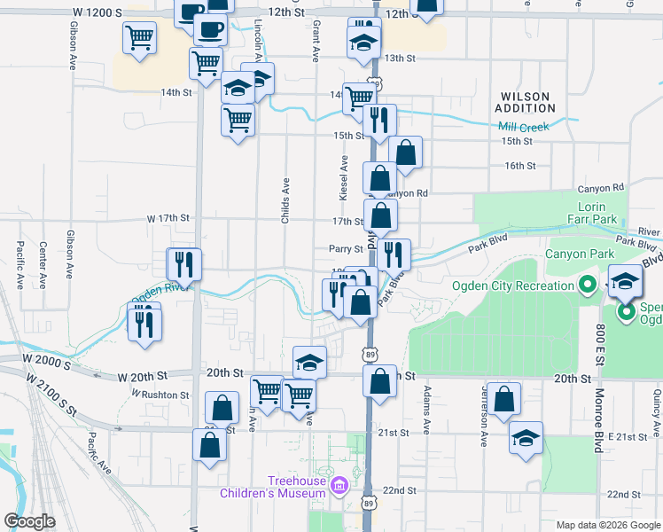map of restaurants, bars, coffee shops, grocery stores, and more near 326 18th Street in Ogden