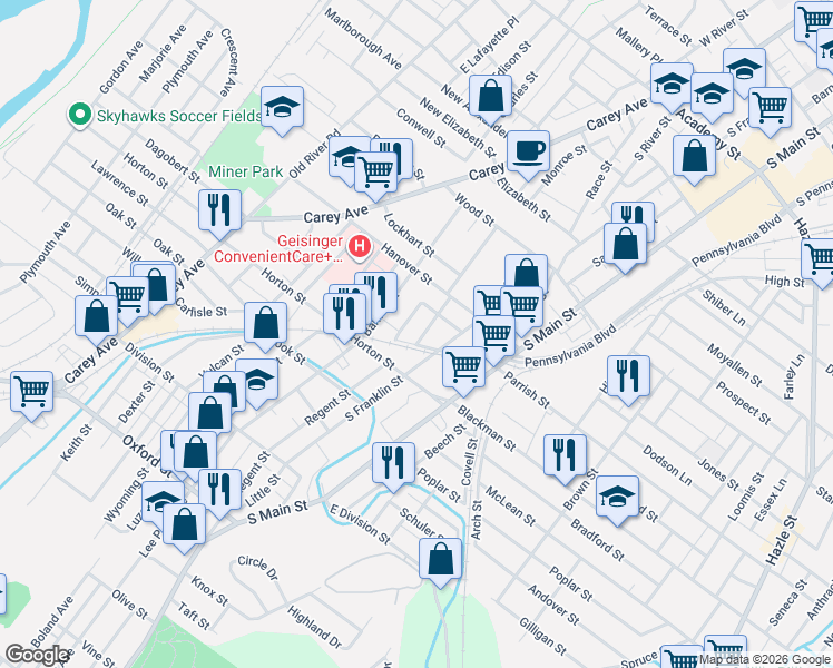 map of restaurants, bars, coffee shops, grocery stores, and more near 145 Westminster Street in Wilkes-Barre