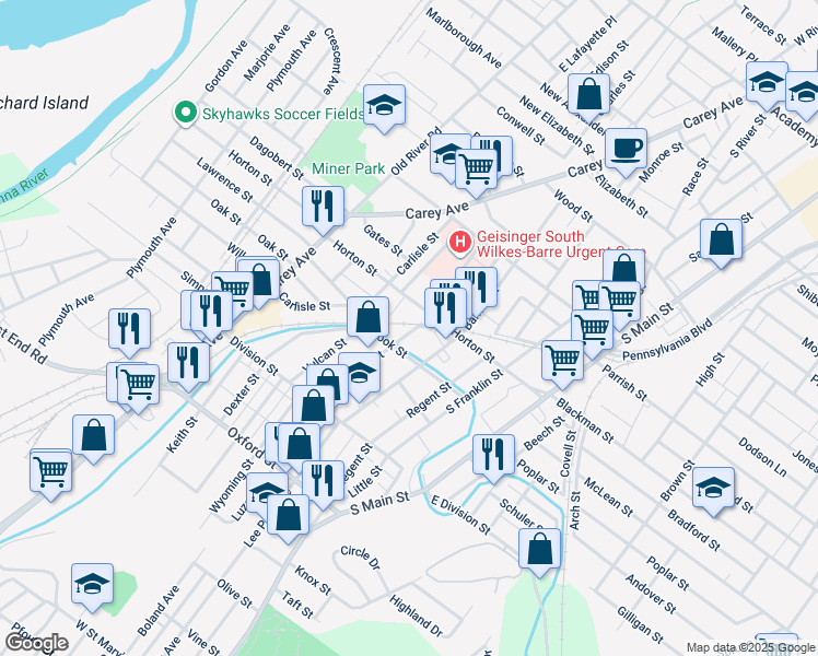 map of restaurants, bars, coffee shops, grocery stores, and more near 98 Brook Street in Wilkes-Barre