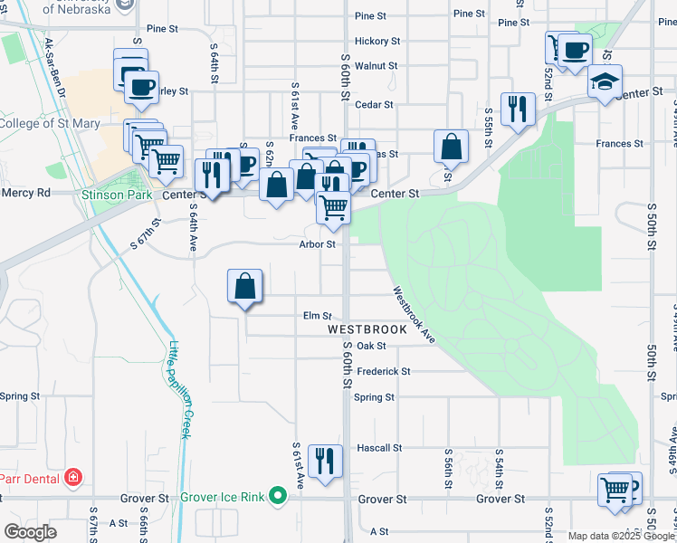 map of restaurants, bars, coffee shops, grocery stores, and more near 2601 South 60th Street in Omaha