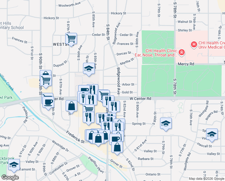 map of restaurants, bars, coffee shops, grocery stores, and more near 8210 Gold Street in Omaha