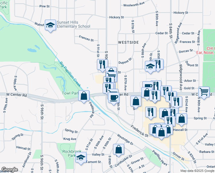 map of restaurants, bars, coffee shops, grocery stores, and more near 8900 West Center Road in Omaha