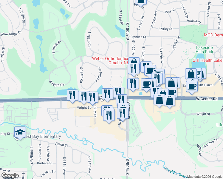 map of restaurants, bars, coffee shops, grocery stores, and more near 2404 South 182nd Circle in Omaha