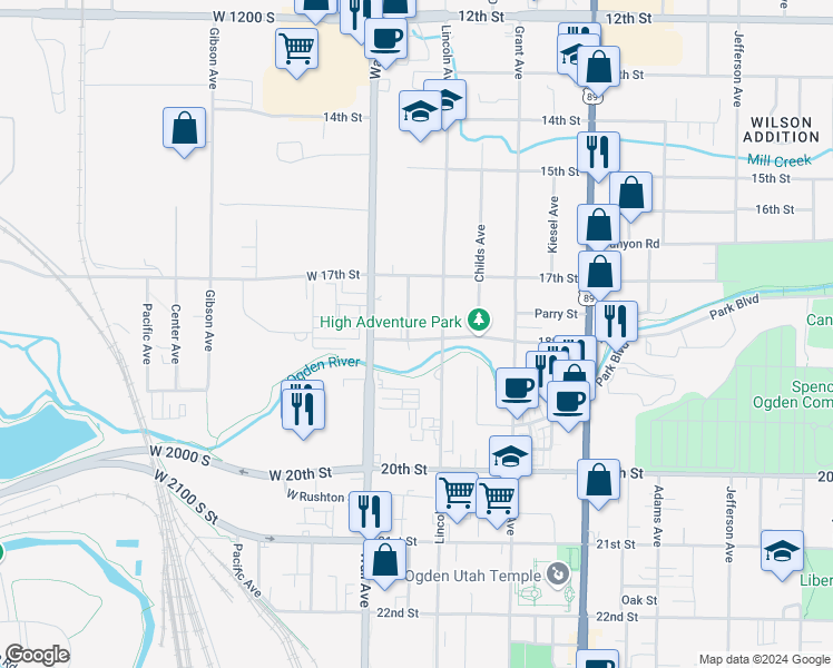 map of restaurants, bars, coffee shops, grocery stores, and more near 156 18th Street in Ogden