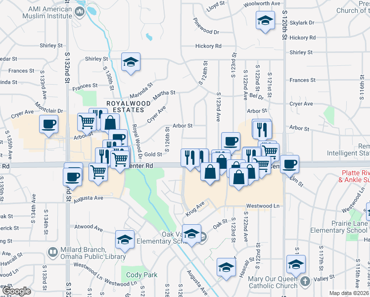 map of restaurants, bars, coffee shops, grocery stores, and more near 2567 South 125th Avenue in Omaha