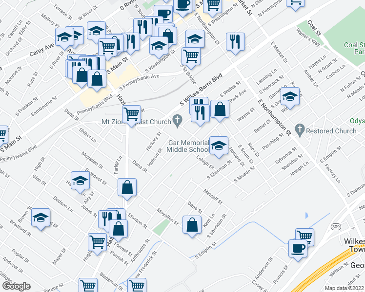 map of restaurants, bars, coffee shops, grocery stores, and more near 216 Park Avenue in Wilkes-Barre