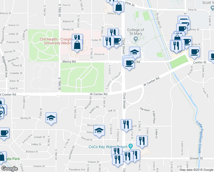 map of restaurants, bars, coffee shops, grocery stores, and more near 2506 South 72nd Street in Omaha