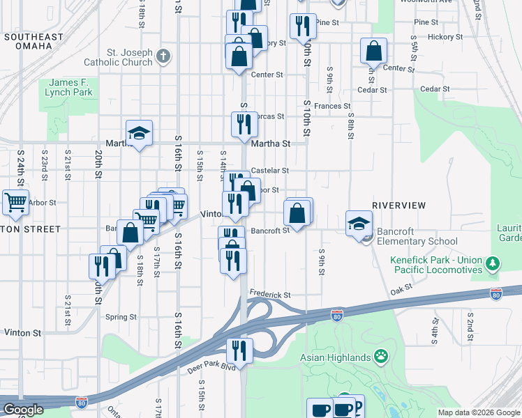 map of restaurants, bars, coffee shops, grocery stores, and more near 2528 South 12th Street in Omaha