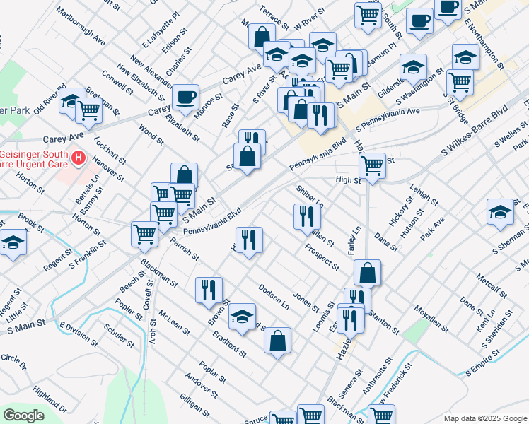 map of restaurants, bars, coffee shops, grocery stores, and more near 10 Prospect St in Wilkes-Barre