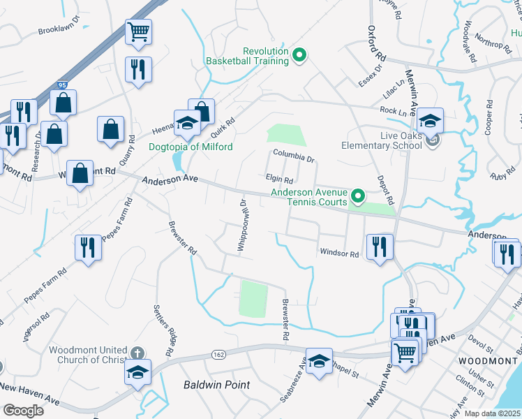 map of restaurants, bars, coffee shops, grocery stores, and more near 424 Anderson Avenue in Milford