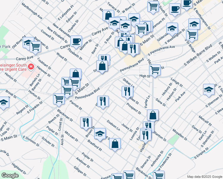 map of restaurants, bars, coffee shops, grocery stores, and more near 9 Cork Lane in Wilkes-Barre