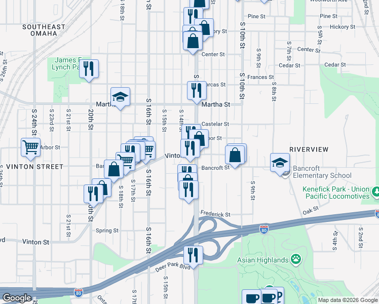 map of restaurants, bars, coffee shops, grocery stores, and more near 1308 Vinton Street in Omaha