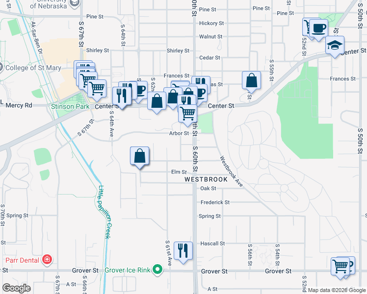 map of restaurants, bars, coffee shops, grocery stores, and more near 2608 South 61st Street in Omaha