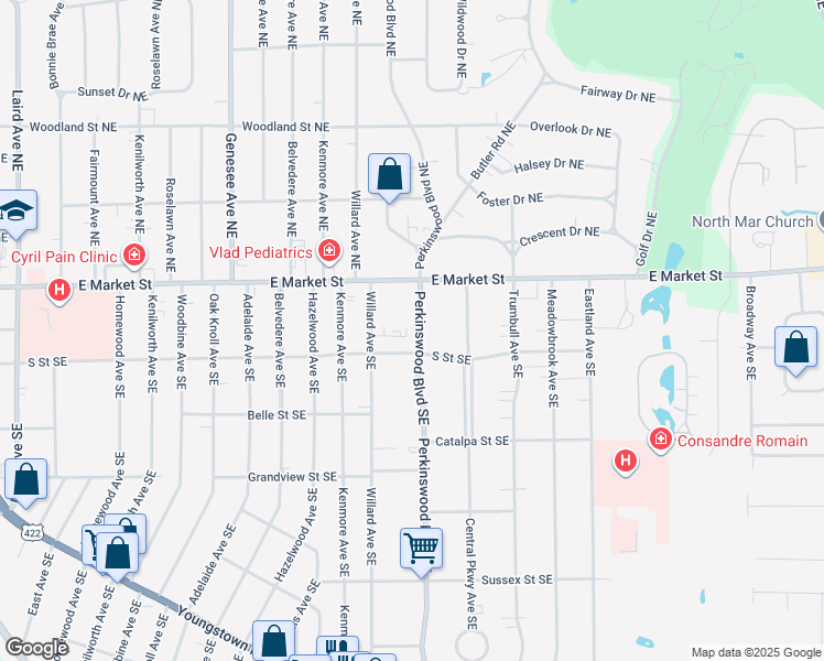 map of restaurants, bars, coffee shops, grocery stores, and more near 200 Perkinswood Boulevard Southeast in Warren