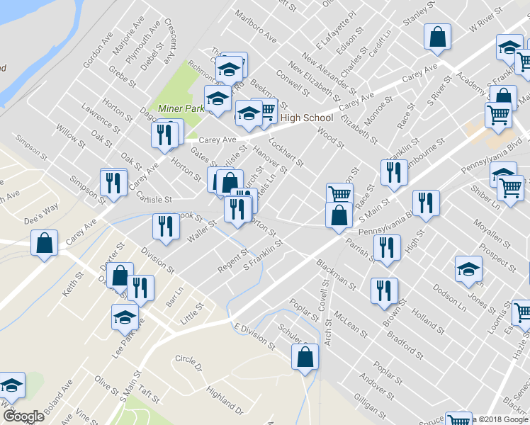 map of restaurants, bars, coffee shops, grocery stores, and more near 156 Barney Street in Wilkes-Barre