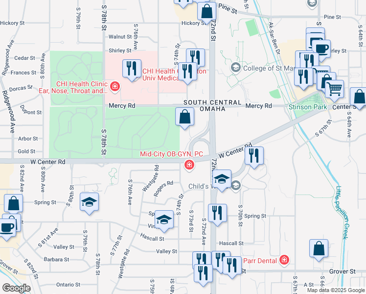 map of restaurants, bars, coffee shops, grocery stores, and more near 2512 South 72nd Court in Omaha