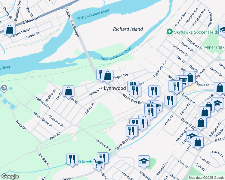 map of restaurants, bars, coffee shops, grocery stores, and more near 174 Lynwood Avenue in Wilkes-Barre