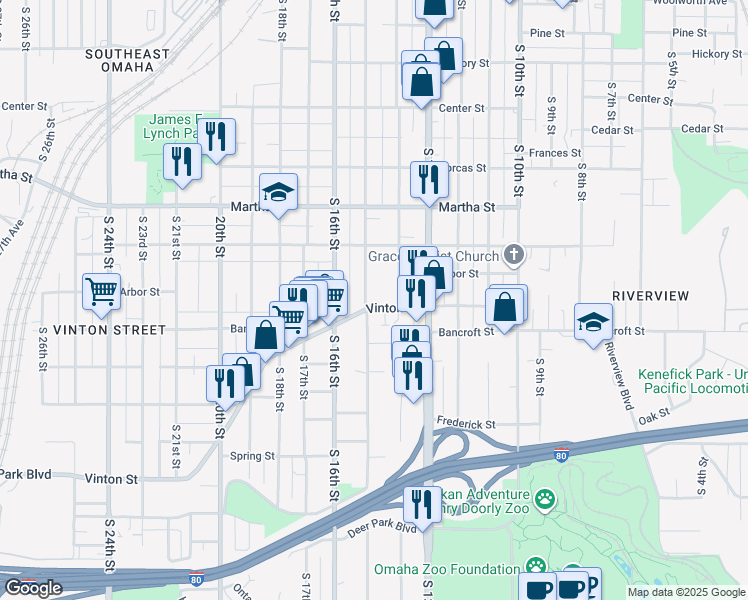 map of restaurants, bars, coffee shops, grocery stores, and more near 1424 Vinton Street in Omaha