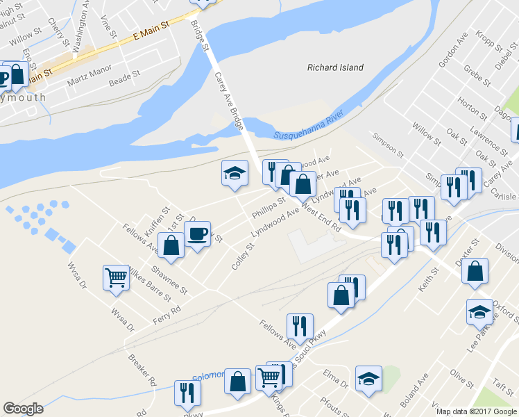 map of restaurants, bars, coffee shops, grocery stores, and more near 221 Phillips Street in Wilkes-Barre