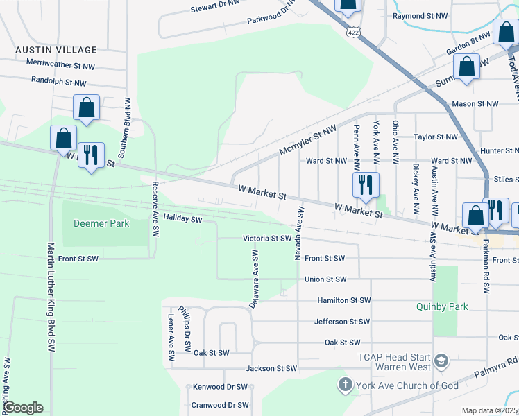 map of restaurants, bars, coffee shops, grocery stores, and more near 151 Delaware Avenue Southwest in Warren