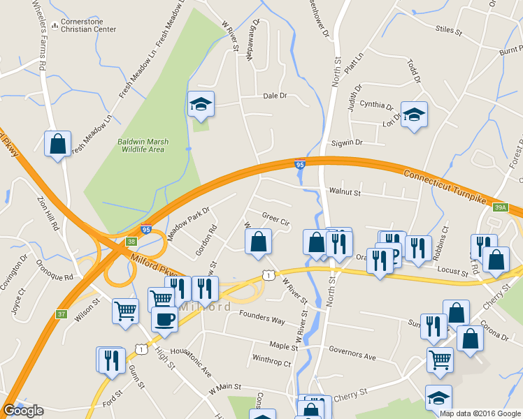 map of restaurants, bars, coffee shops, grocery stores, and more near 101 Greer Circle in Milford